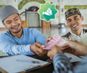 Smiling Muslim men giving money as zakat, symbolizing the 2.5% charity obligation in Islam to support the needy